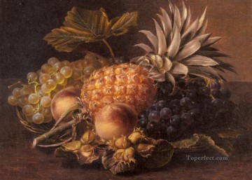 ヨハン・ラウレンツ・ジェンセン Painting - ブドウ パイナップル 桃 ヘーゼルナッツをバスケットに入れて ヨハン・ラウレンツ・ジェンセンの花